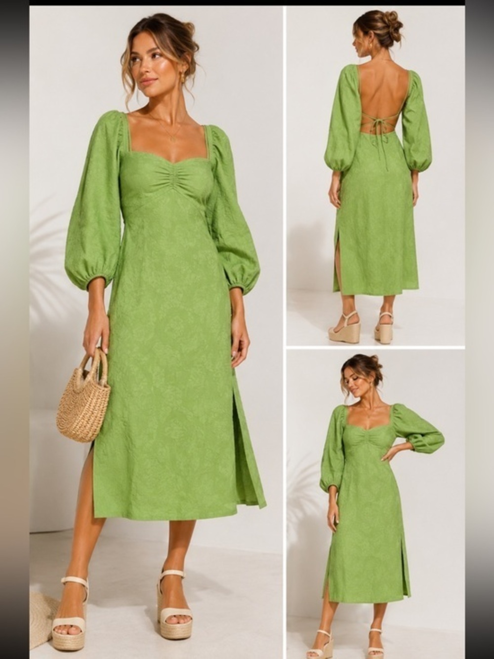 Anthropologie Maeve Green Jacquard Open Back Midi Dress 8 Cotton Puff Sleeve
